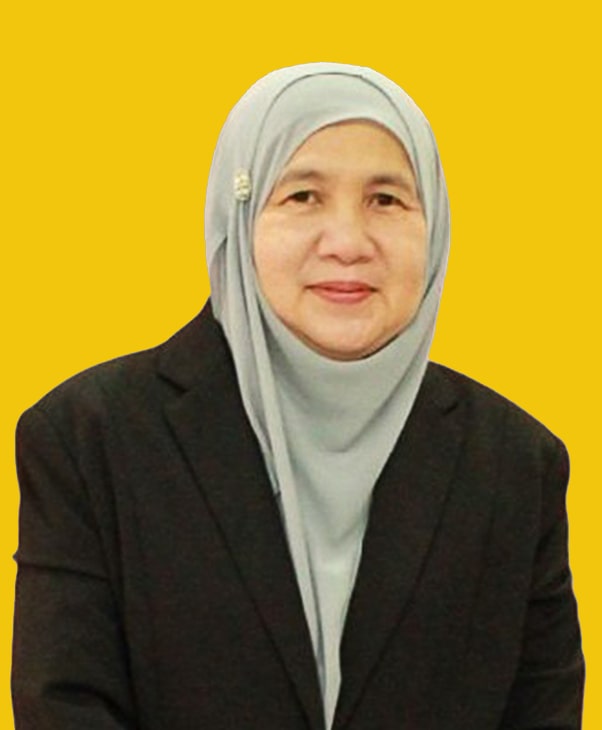 Woman in gray hijab and dark suit smiles slightly on yellow background, professional and approachable.