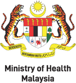 Malaysia’s coat of arms with tigers, shield, and “Ministry of Health Malaysia” text below.