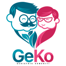 Smiling elderly couple forming heart shape in teal and pink tones with "GeKo" text below.