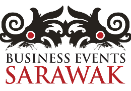 Black and red Business Events Sarawak logo with tribal patterns and bold text.