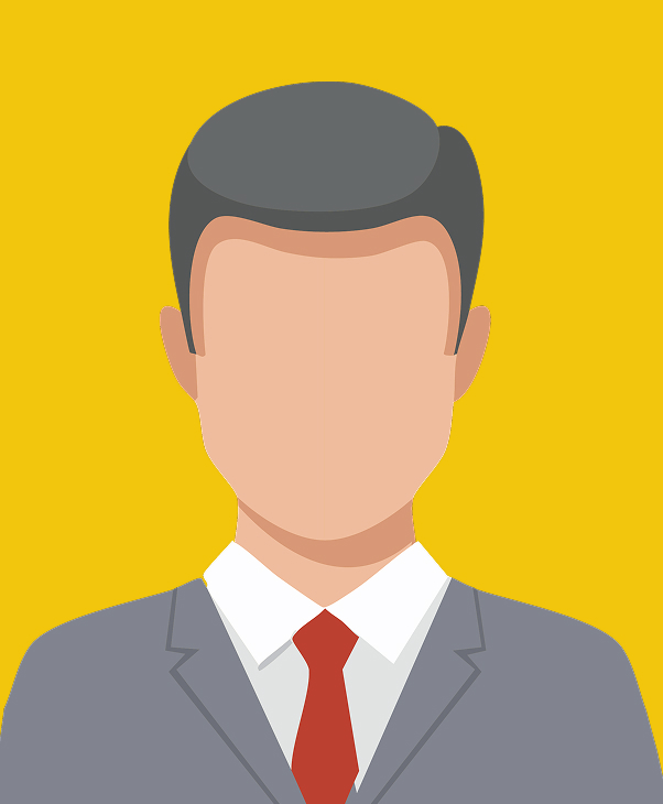 Faceless figure in gray suit and red tie on yellow background, conveying professionalism.